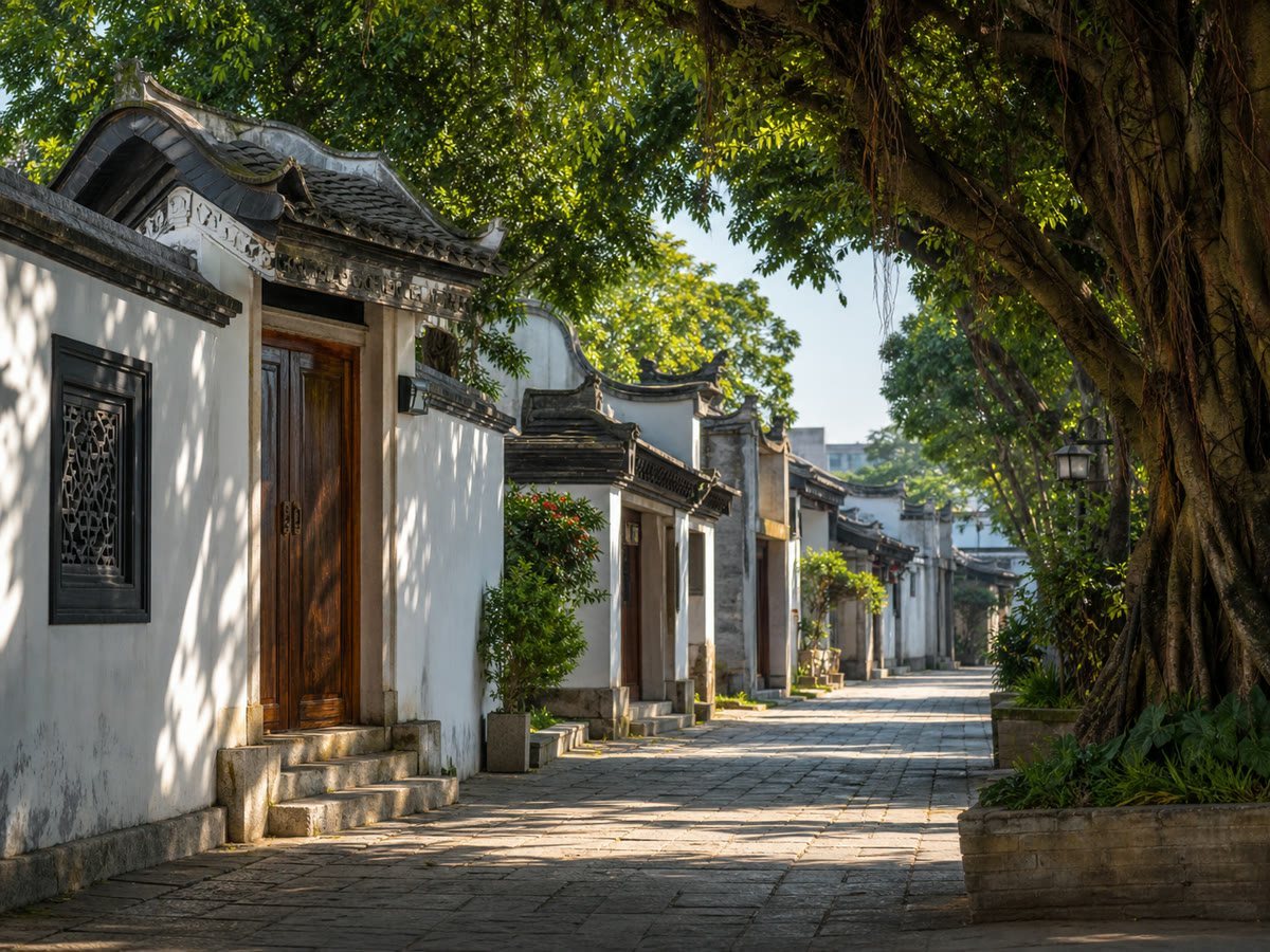 A stone lane, banyan trees and traditional houses in Fuzhou's Three Lanes and Seven Alleys