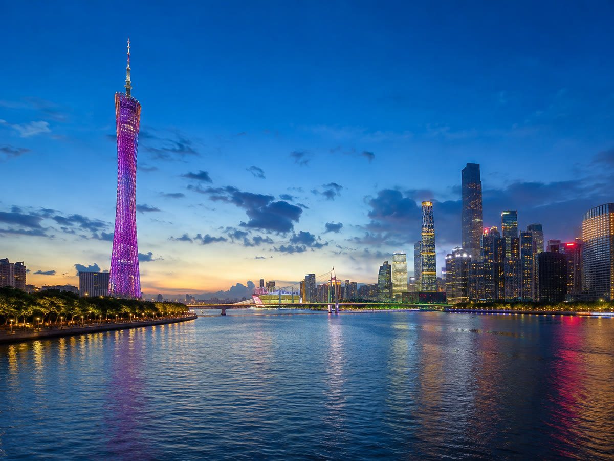Canton Tower and the Pearl River skyline in Guangzhou at blue hour