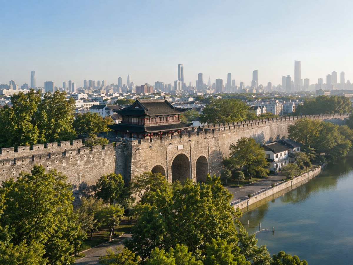 Nanjing's grey-brick Ming City Wall beside an urban waterway