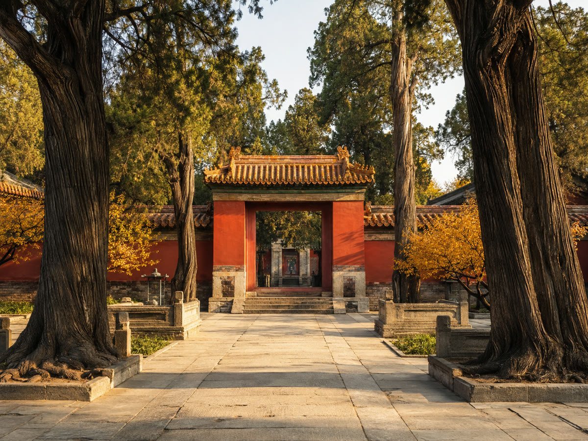 A vermilion courtyard and ancient cypress trees at the Temple of Confucius in Qufu