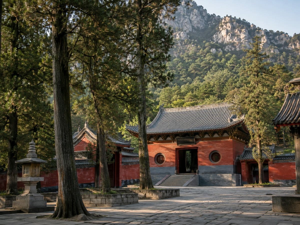 A red-walled Shaolin temple courtyard framed by ancient cypress trees