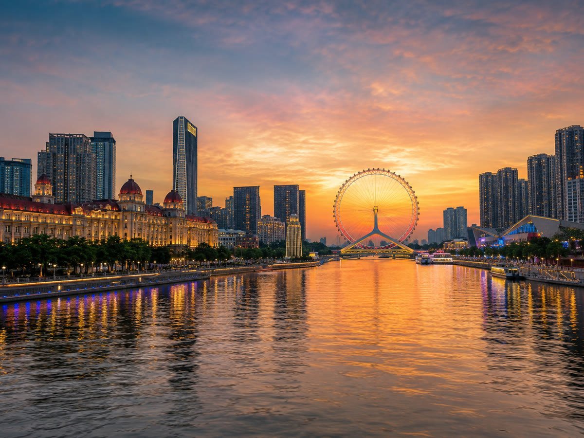 The Tianjin Eye and riverside architecture reflected in the Haihe River