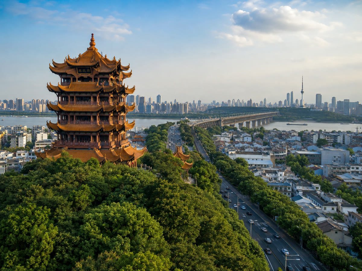 Yellow Crane Tower overlooking the Yangtze River and Wuhan skyline