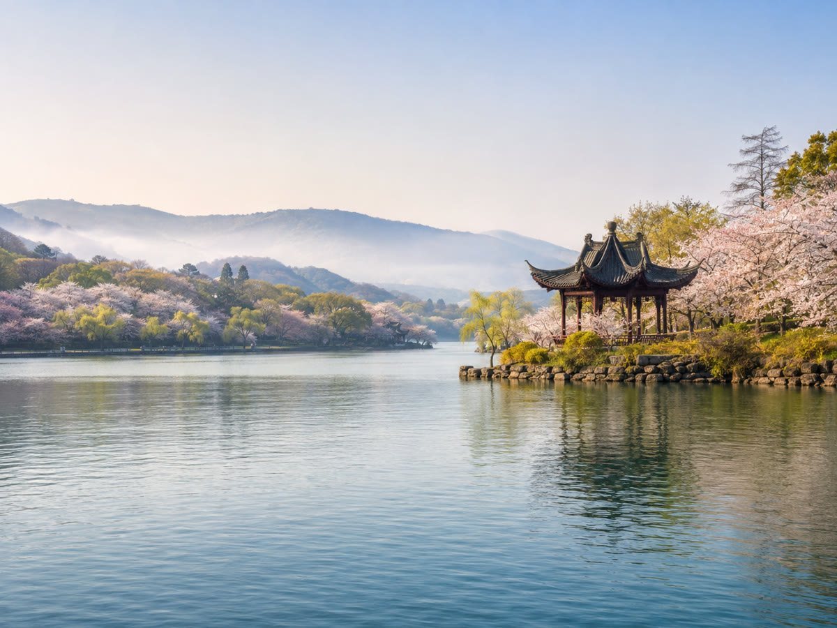 Taihu Lake and a traditional lakeside pavilion at Yuantouzhu in Wuxi