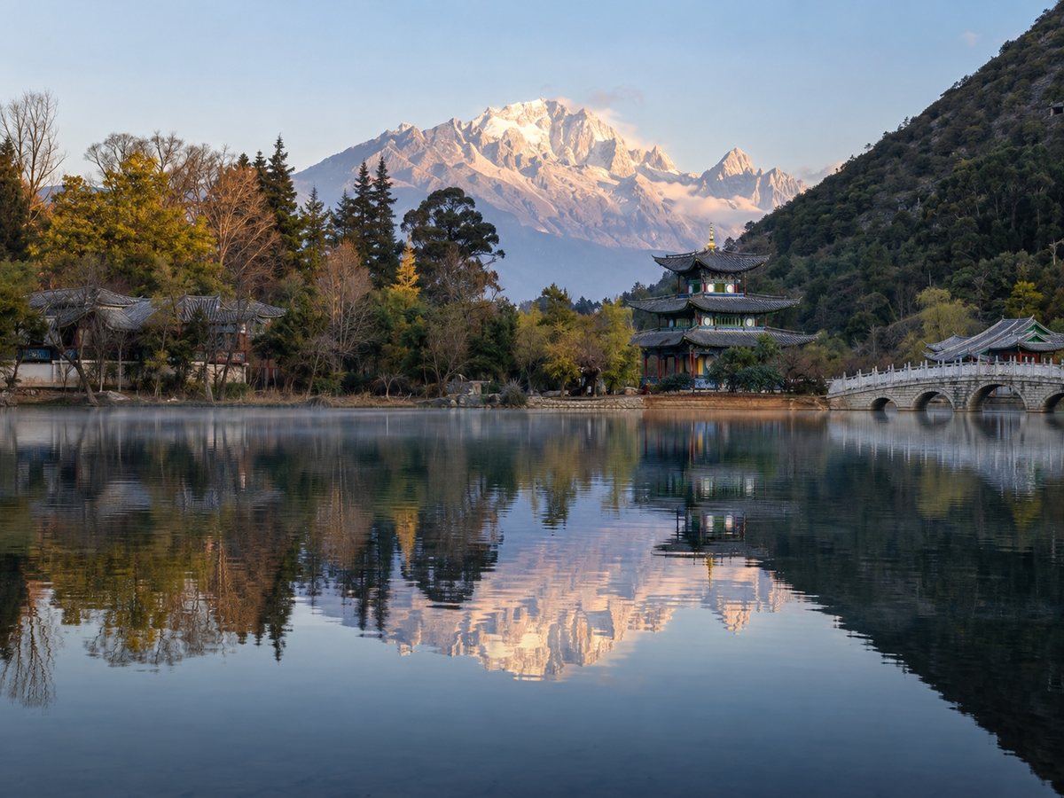 Jade Dragon Snow Mountain reflected in Black Dragon Pool beside a Lijiang pavilion