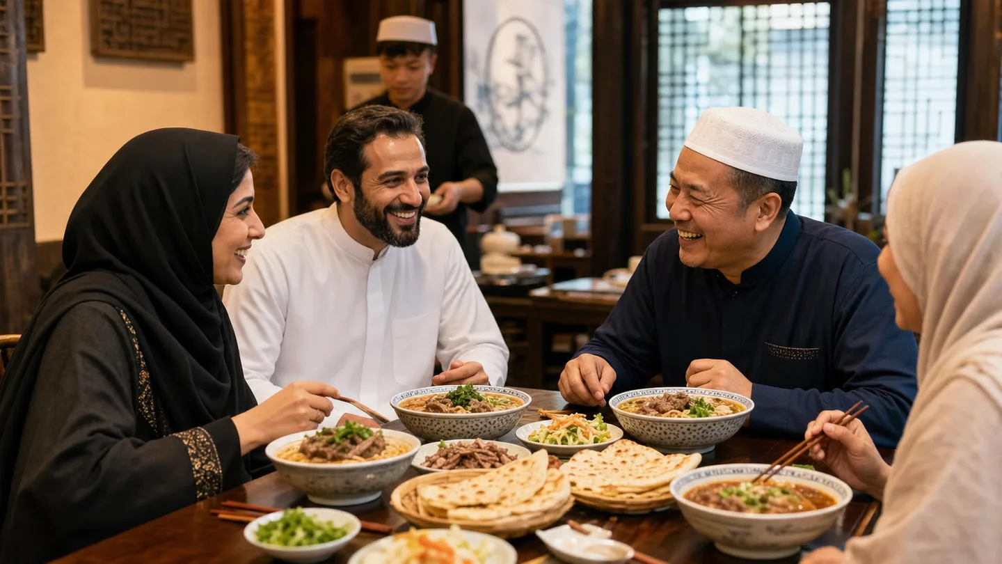 Muslim travellers share a halal meal in China with a local host