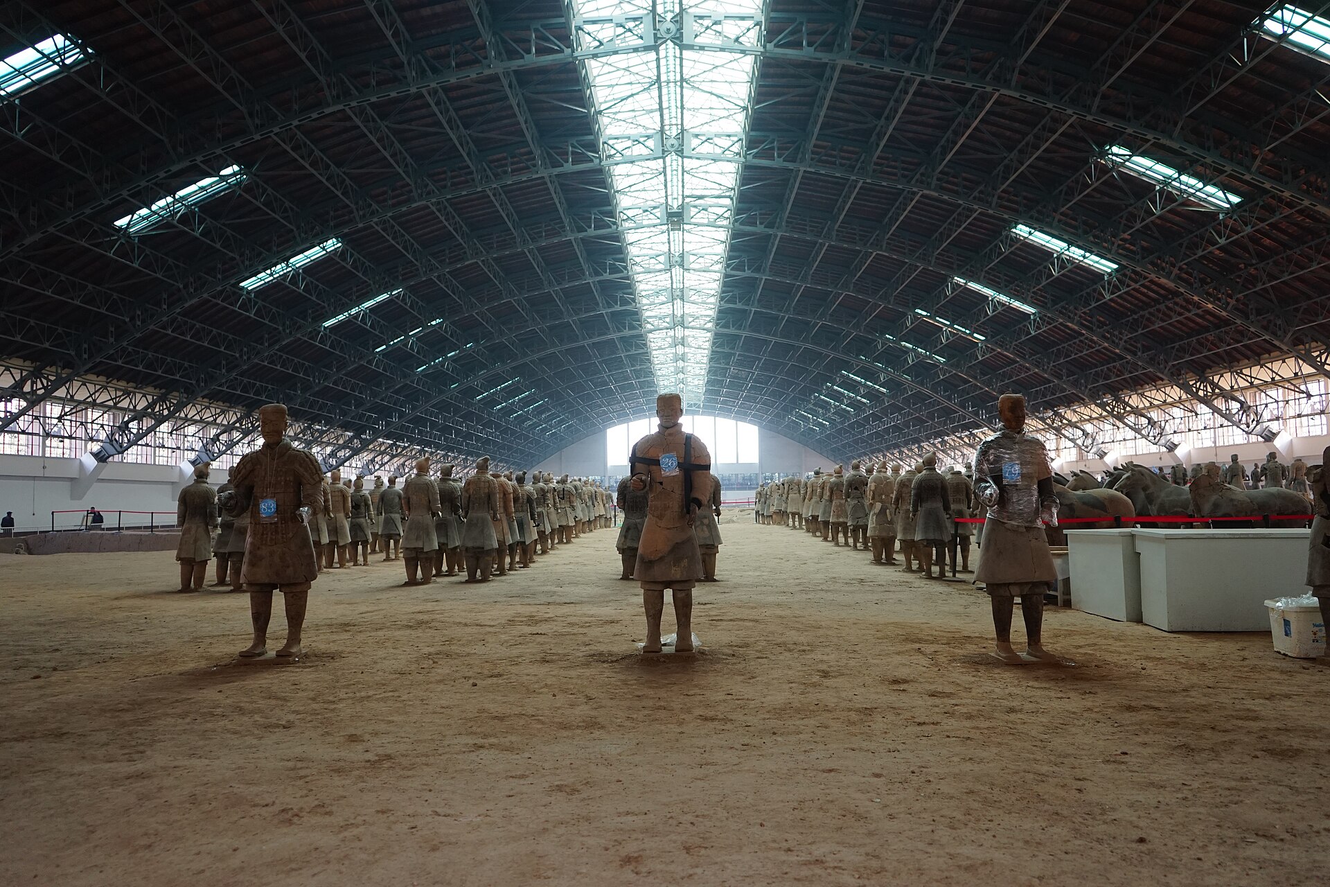 Rows of terracotta warriors inside the protective hall over Pit 1 at the Emperor Qinshihuang's Mausoleum Site Museum.