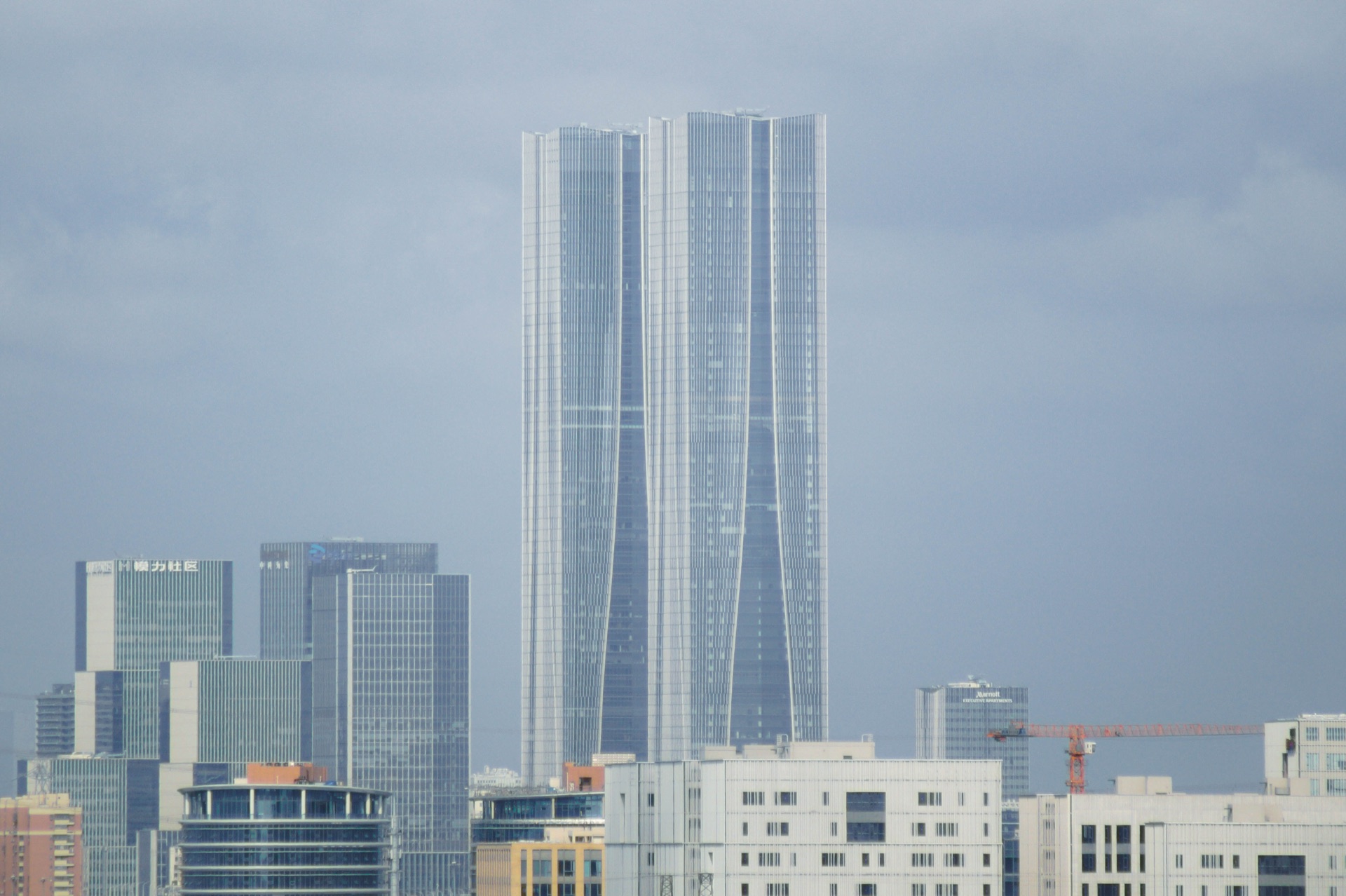 Zhangjiang Science Gate towers in Shanghai, photographed from outside